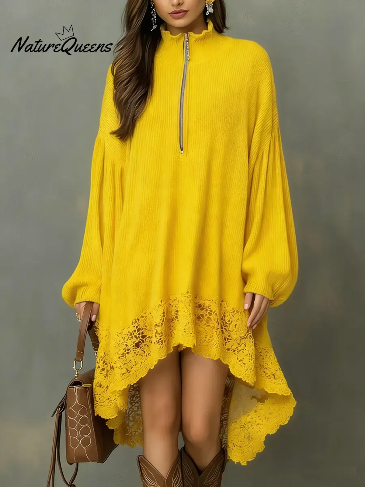 Women's Solid Color Stand-collar Long-sleeved Casual Loose Knit Dress With Lace Trim.