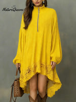 Women's Solid Color Stand-collar Long-sleeved Casual Loose Knit Dress With Lace Trim.