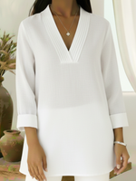 Elegant Pleated V-neck A-line Linen Top