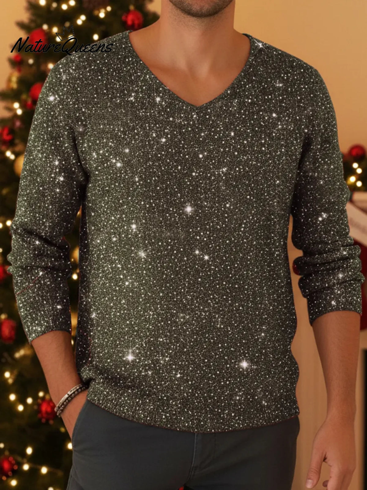Men's Retro Christmas V-neck Sparkling Knit Sweater Top