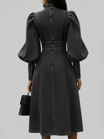 Fashionable Patchwork Leather Lantern Sleeve Denim Dress