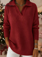 Casual Loose-fitting Polo Neck V-neck Knitted Pullover