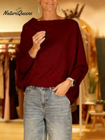 Women's Solid Color Boat Neck Long-sleeved Casual Loose Knit Sweater