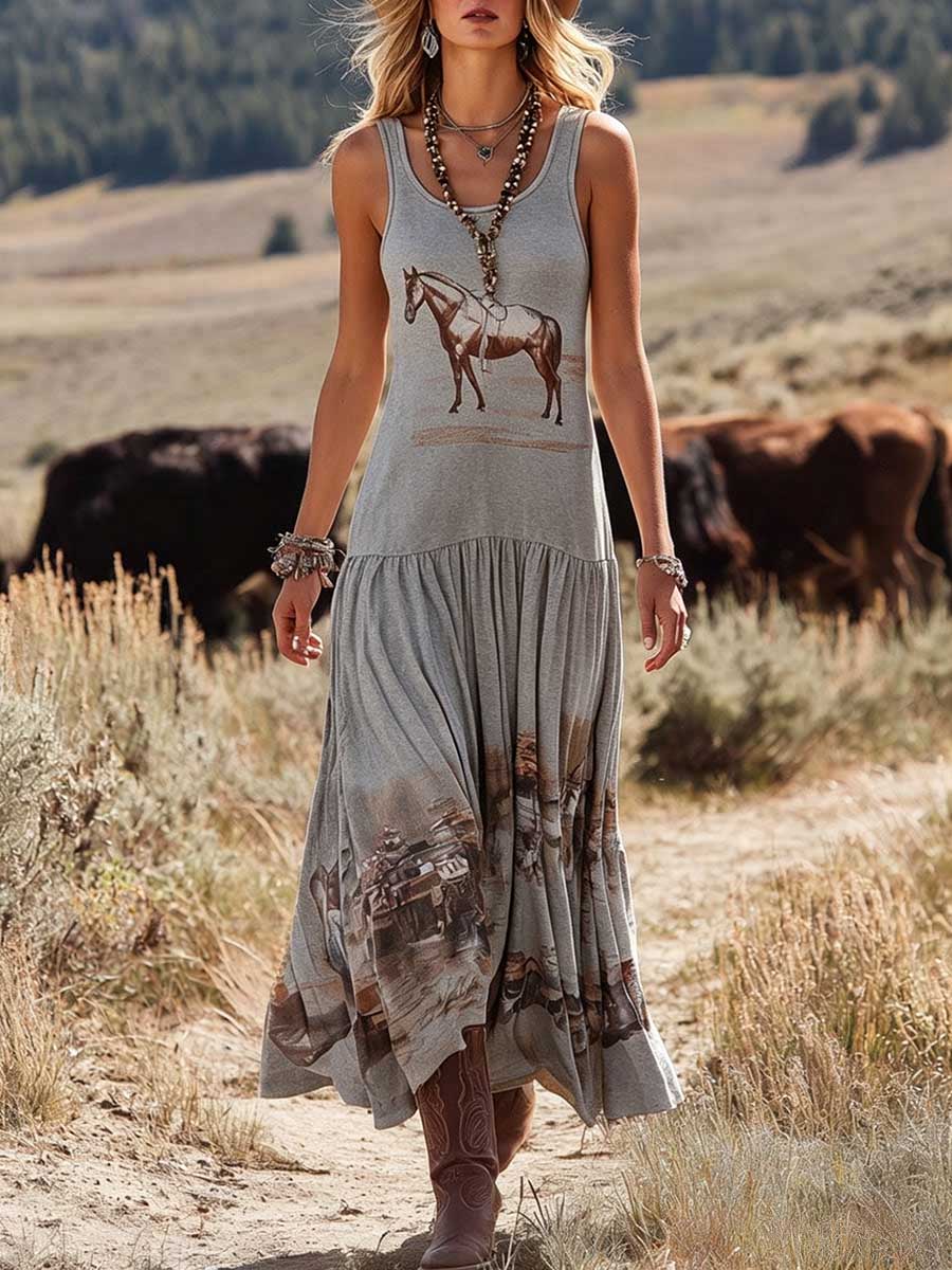 Women's Casual Loose-fit Cotton Dress — Sleeveless Crew Neck Placement Print