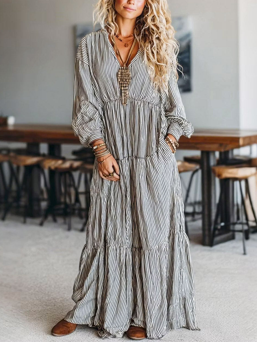 Women's Retro Striped Pattern Art Print Casual Cotton Linen Dress