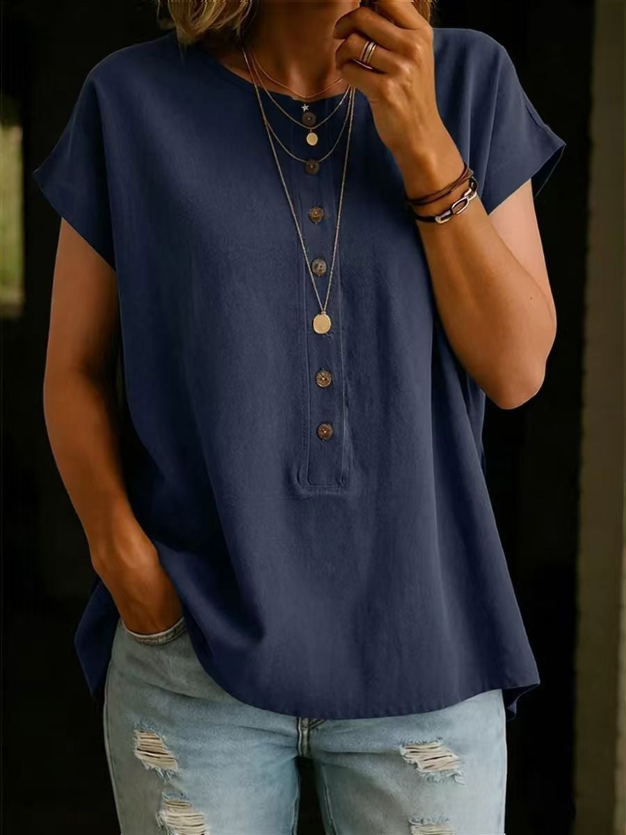 Women's Round Neck Short-sleeve Linen Cotton Top