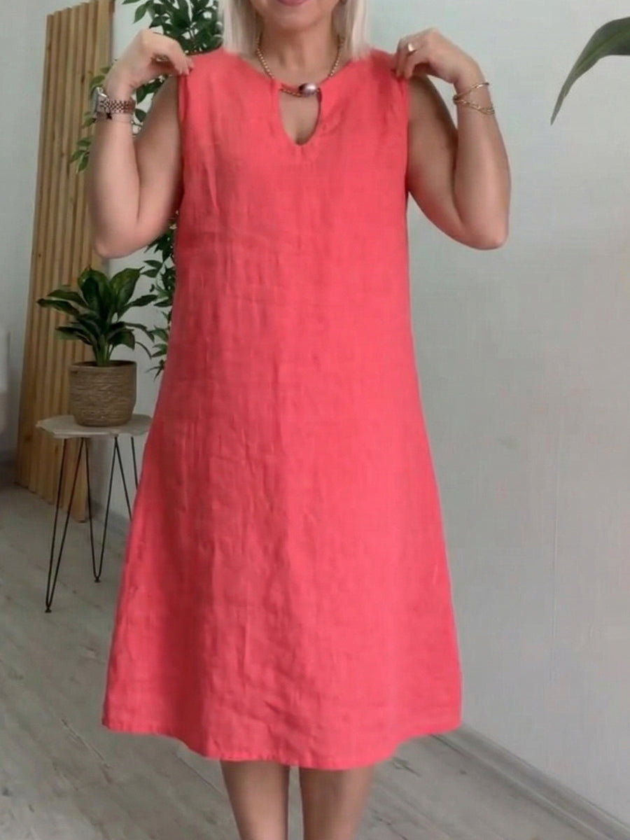 Elegant Beaded-collar Cotton-linen Dress