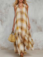 Ombré Plaid Sleeveless V-neck Maxi Dress With Flowing Full Skirt
