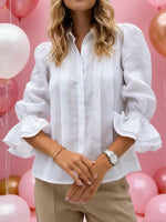 Women's Solid Color Shirt Collar Long-sleeved Casual Loose Pleated Cotton And Linen Top