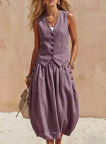 Linen Sleeveless Vest + Tulip-hem Lantern Skirt Two-piece Set