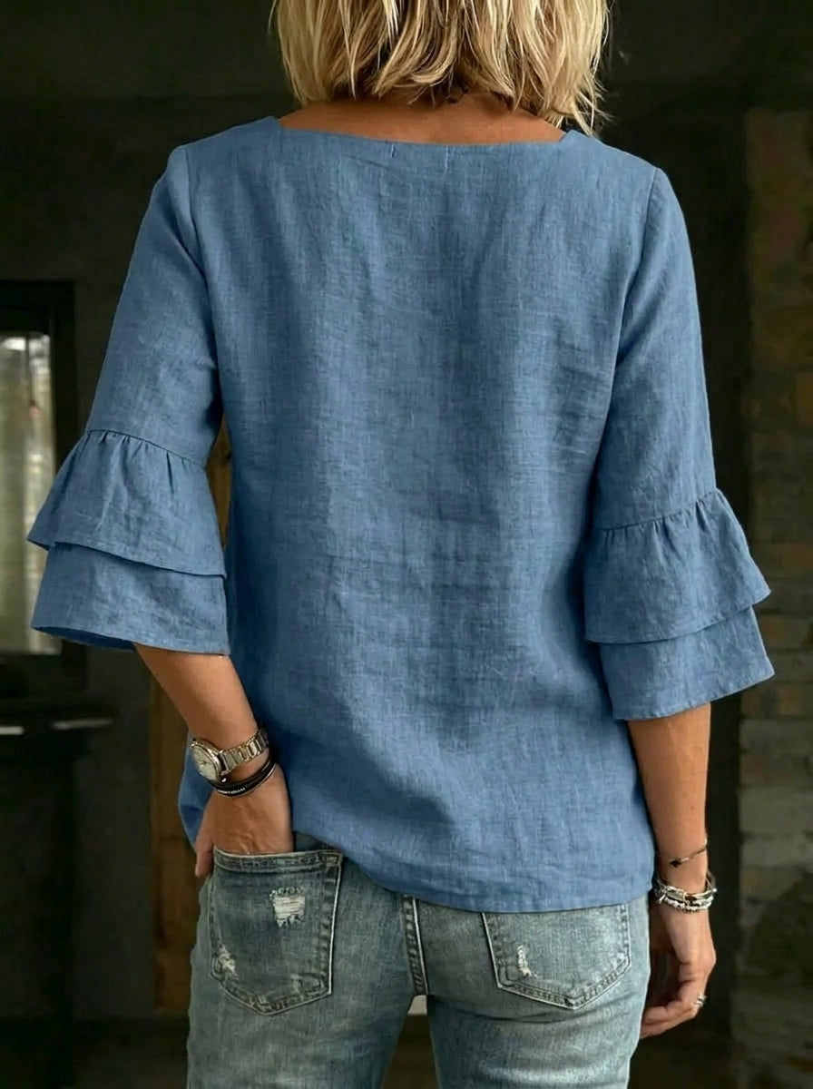 Women's Causal Square-neck Ruffled Three-quarter Sleeves Cotton Shirt