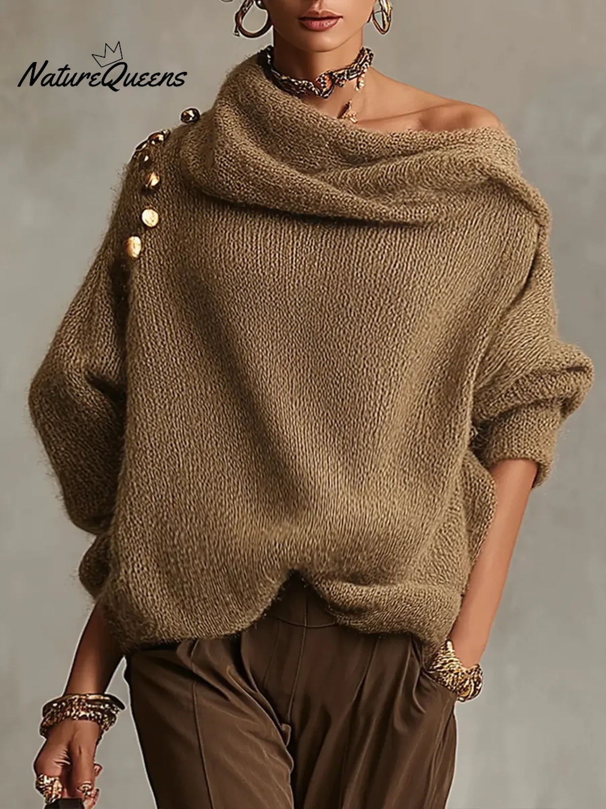 Women's Solid Color Off-the-shoulder Long-sleeved Casual Loose-fitting Knitted Sweater