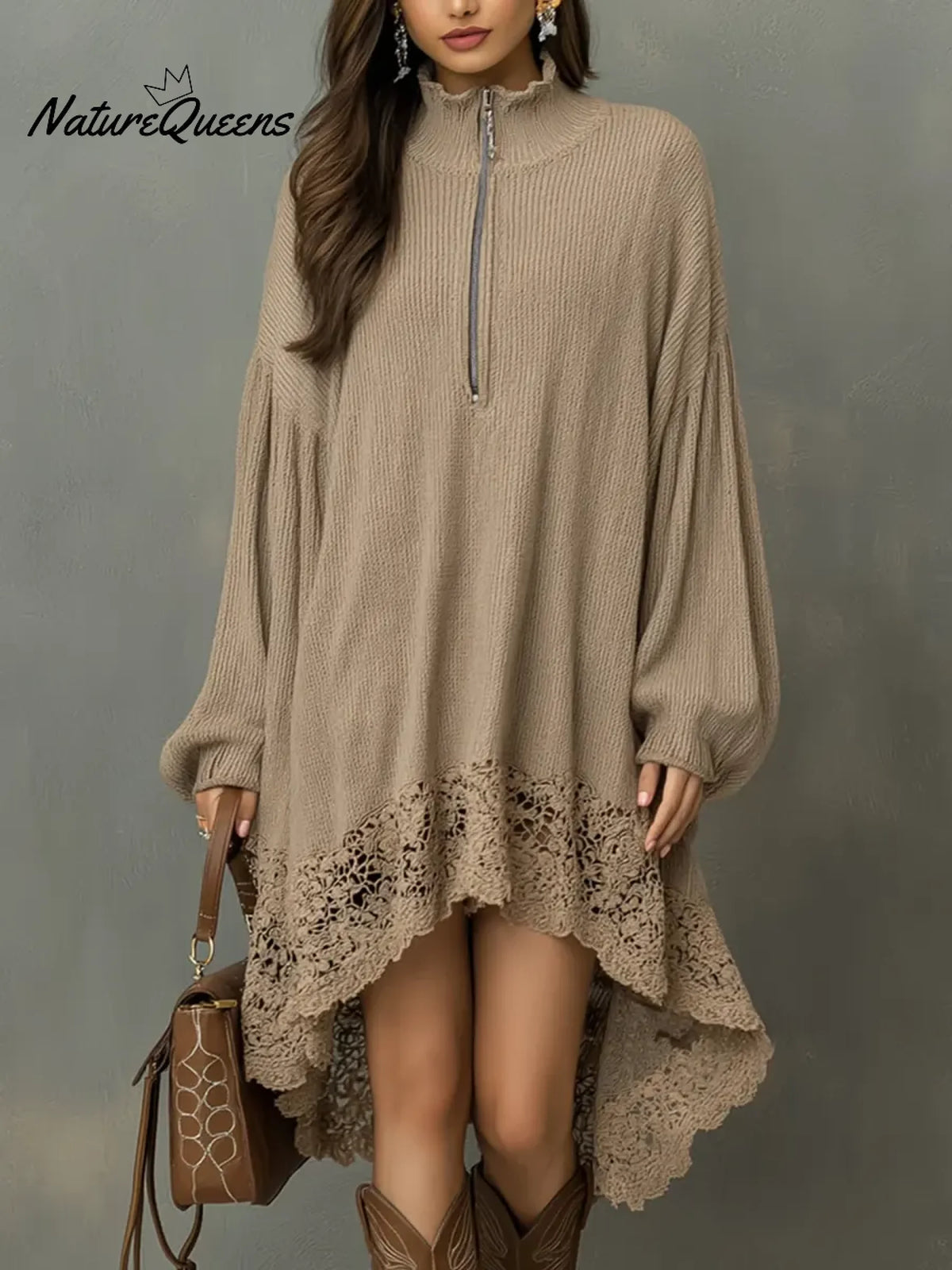 Women's Solid Color Stand-collar Long-sleeved Casual Loose Knit Dress With Lace Trim.