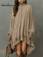 Women's Solid Color Stand-collar Long-sleeved Casual Loose Knit Dress With Lace Trim.