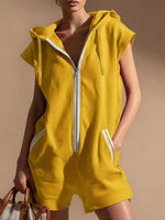 Women's V-neck Sleeveless Casual Loose Hooded Jumpsuit Shorts