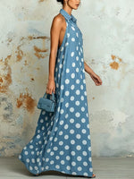 Stylish & Casual Polka-dot Sleeveless Denim Maxi Dress