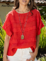 Women's Solid Color Round Neck Short-sleeved Casual Loose Pleated Cotton And Linen Top