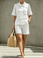 Women's Solid Color Casual Raw-edge Patchwork Shirt And Shorts Set