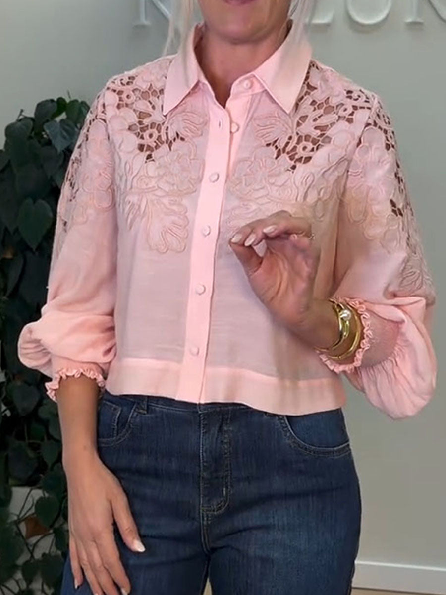 Women's Openwork Embroidered Collared Shirt