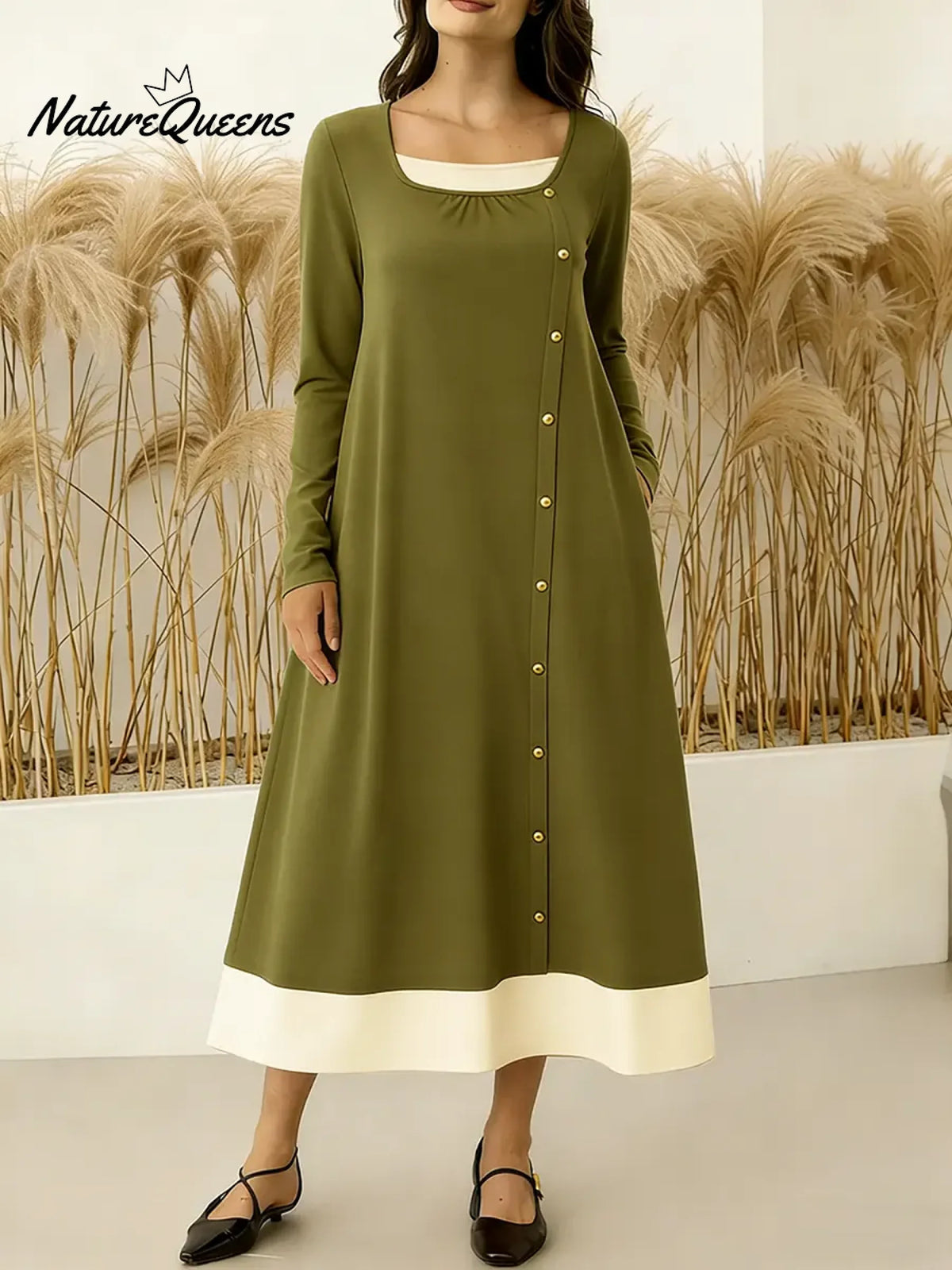 Women's Round Neck Long-sleeved Casual Loose Color-blocked Dress