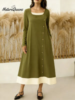 Women's Round Neck Long-sleeved Casual Loose Color-blocked Dress