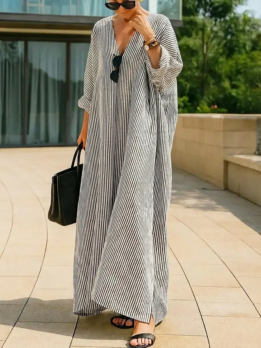 Women's Retro Striped Art Casual Vacation Cotton Linen Maxi Dress