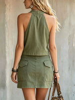 Women's Green Denim Sleeveless Top And Mini Skirt Set