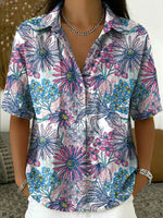 Women's Vintage Botanical Floral Casual Polo Collar Short-sleeved Linen And Cotton Shirt