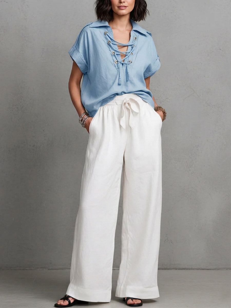Women's Casual Loose Cotton-linen Set: V-neck Short-sleeve Top & High-waisted Wide-leg Pants
