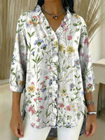 Women's Floral Art Print Casual Ruffled 3/4 Sleeve Denim Shirt