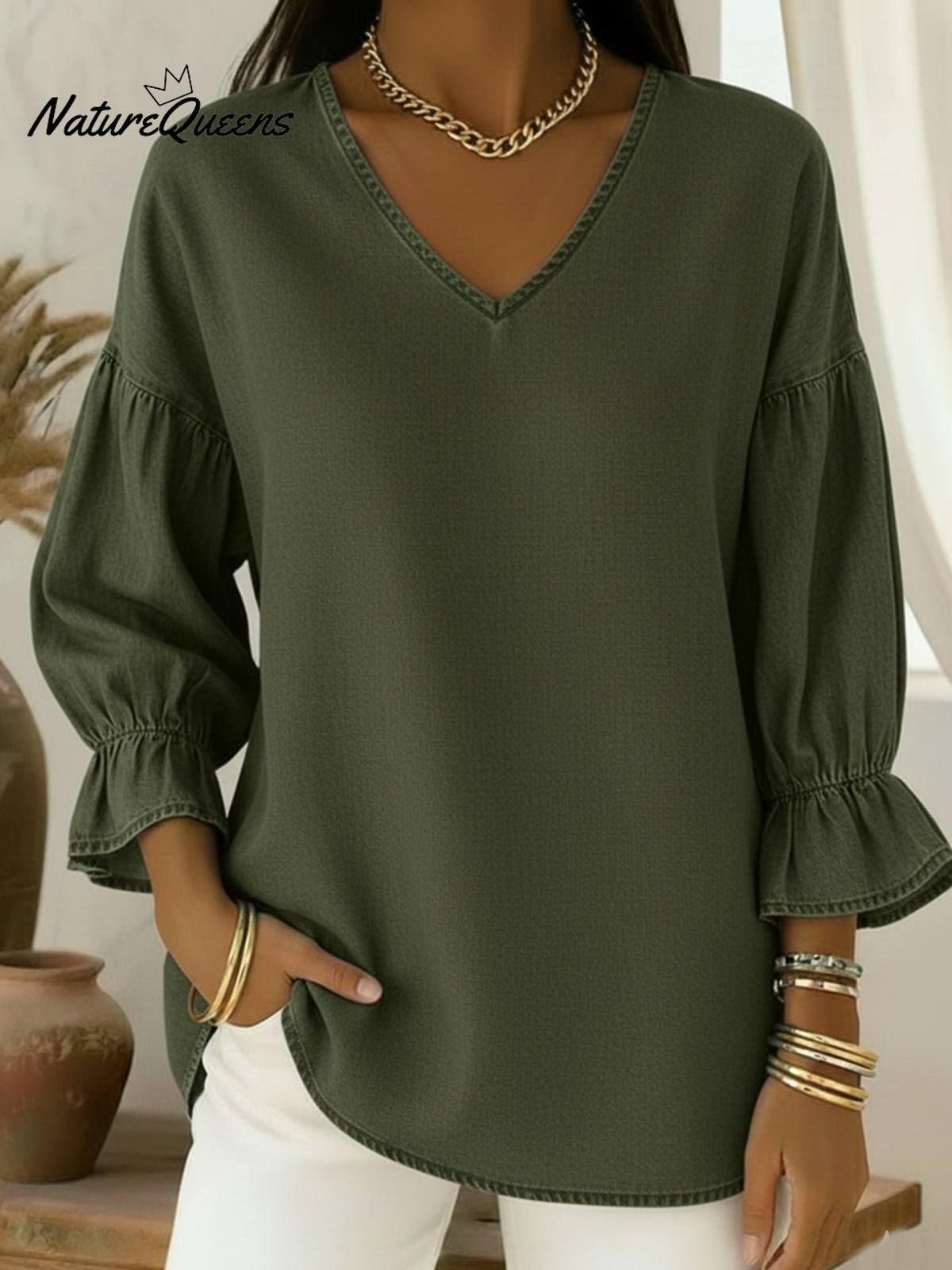 Casual V-neck Denim Shirt Top