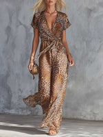 Women's Leopard Print V-neck Short-sleeve Casual Loose Chiffon Jumpsuit