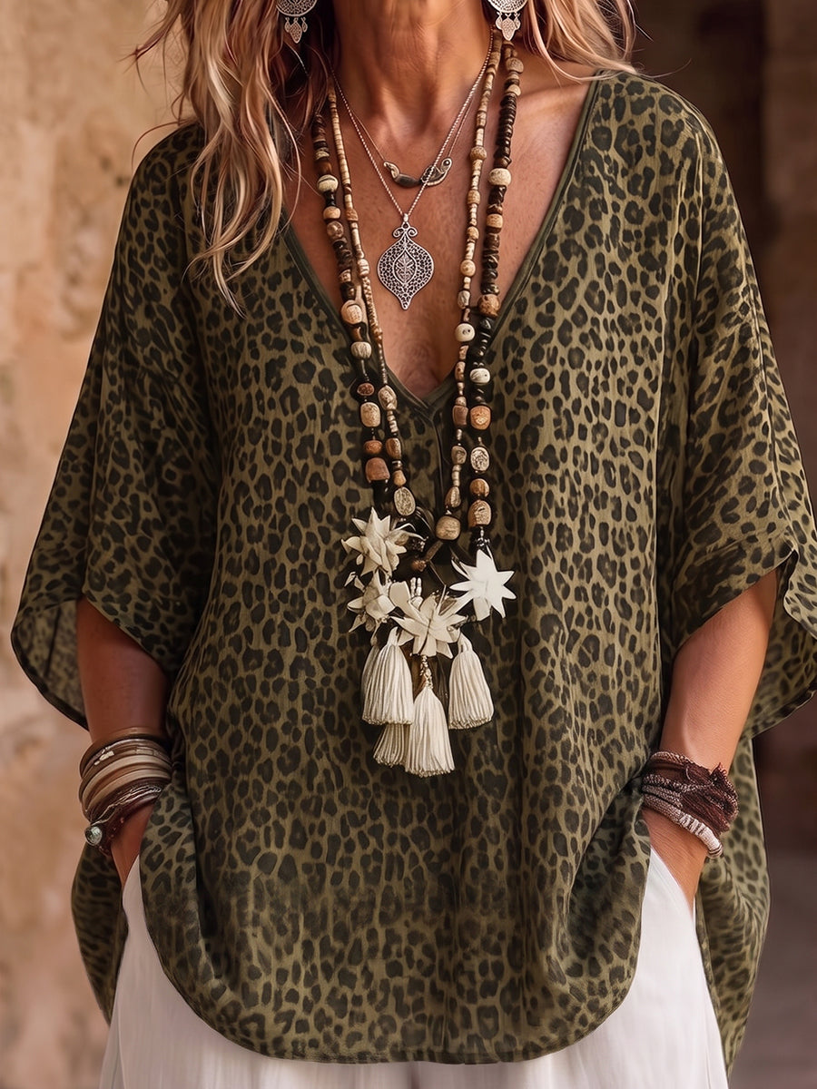 Breathable & Cozy Leopard Print Cotton Boho Blouse