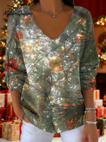 Women's Christmas Lanterns Gradient Snowflake Pattern Art Print V-neck Solid Color Loose Shiny Sweater