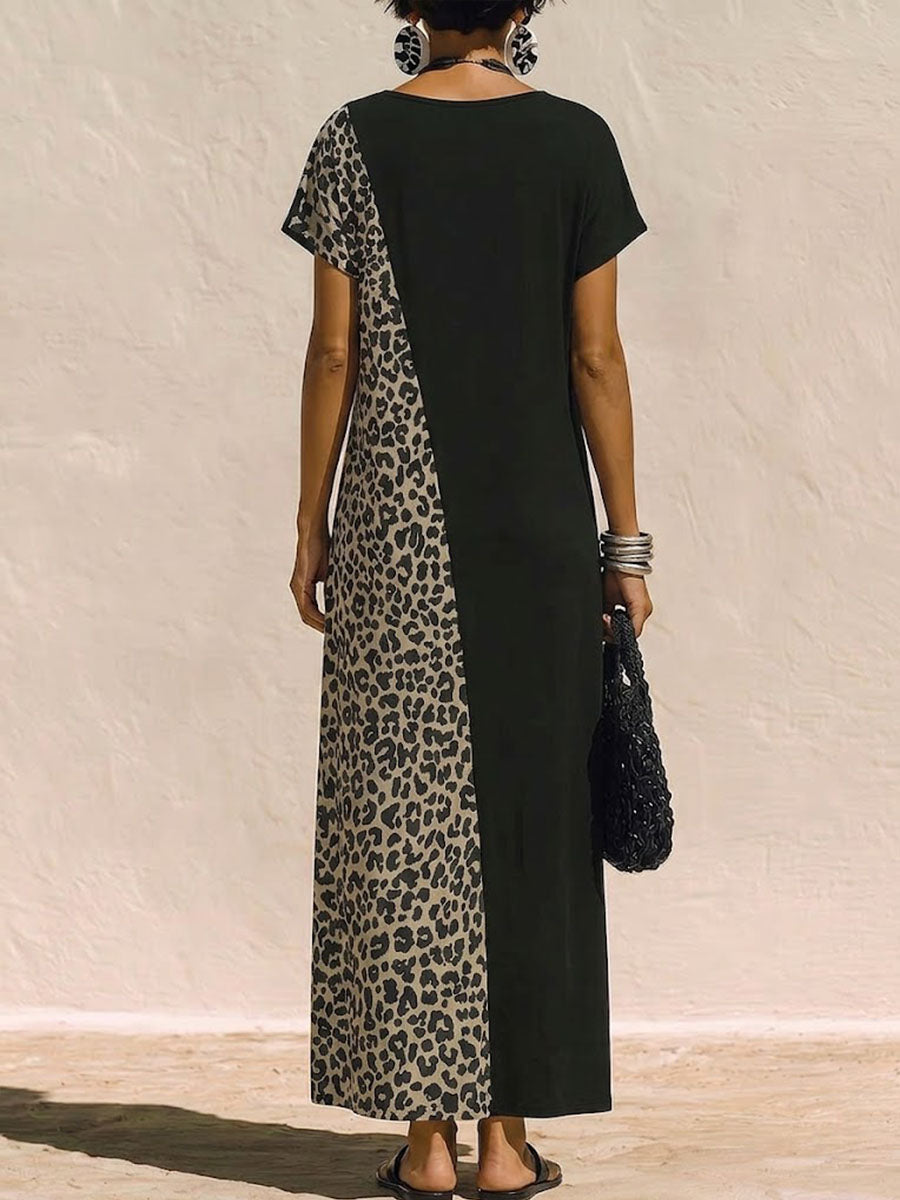 Women's Leopard Print Cotton-linen Casual Loose-fit Dress With Round Neck And Short Sleeves