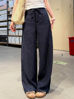 Women's Solid-color High-waisted Drawstring Loose-fit Cotton-linen Wide-leg Pants