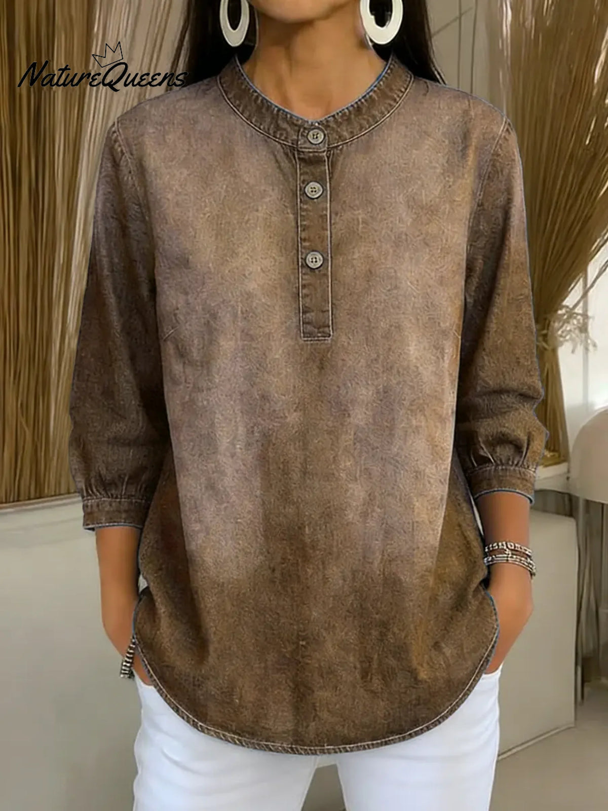 Women's Stand-collar 3/4 Sleeve Casual Loose Denim Pullover