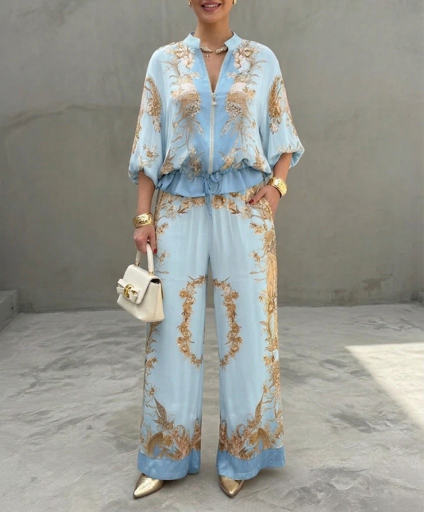 Stylish & Casual Retro-print Two-piece Set: Zip-up Top And Pants