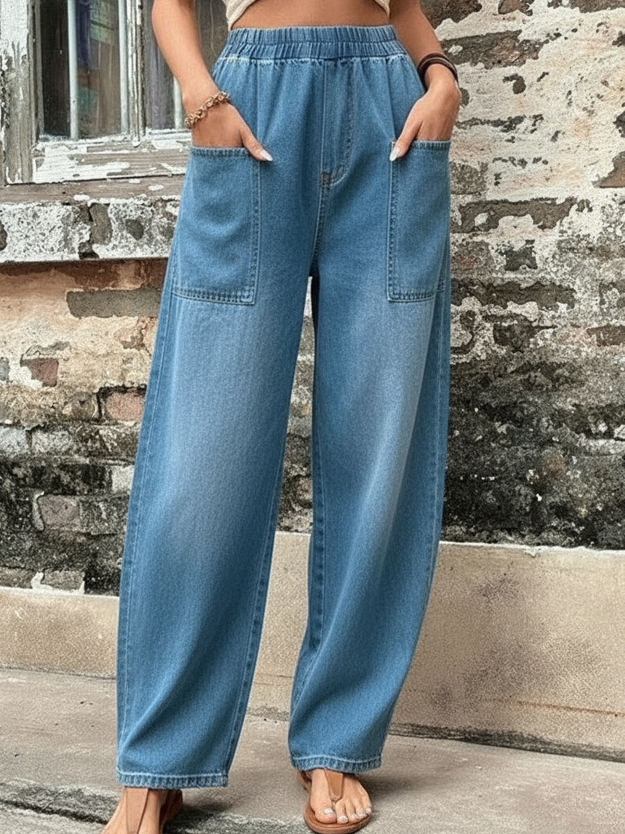 Cozy Pocket Denim Wide-leg Pants