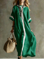 Women's Round Neck 3/4 Sleeve Casual Loose Cotton And Linen Dress