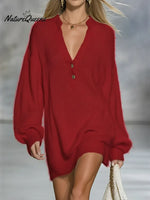 Women's Cozy V-neck Knit Sweater Dress