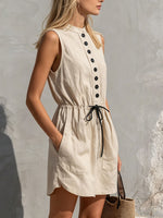 Women's Casual Retro Beige Sleeveless Crew-neck Cotton-linen Mini Dress