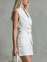 Women's Retro Double-breasted Linen Sleeveless Top And Skirt Set