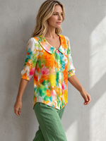 Watercolor Floral-print Peter Pan Collar Cotton-linen Blouse