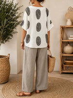 Women's Retro Geometric Print V-neck 3/4-sleeve Loose-fit Cotton-linen Top & Solid High-waisted Wide-leg Pants Set
