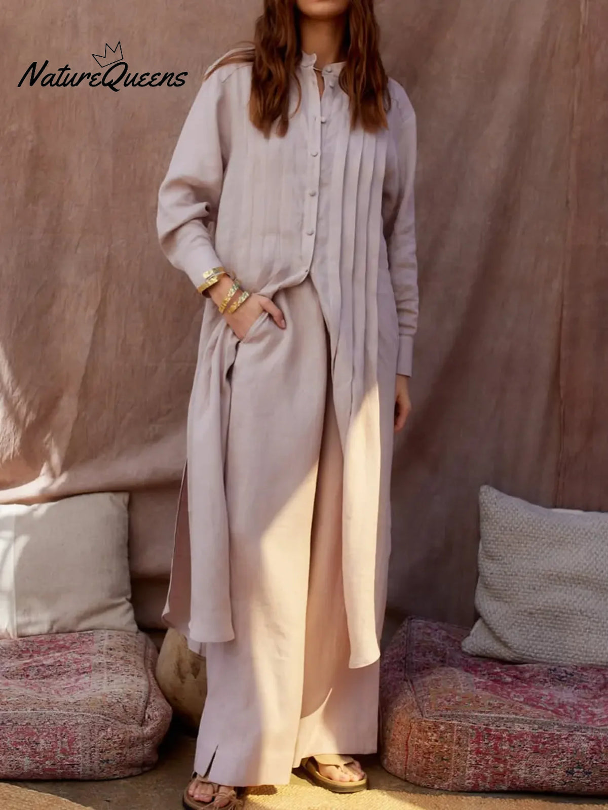 Women's Comfortable Linen And Cotton Extra-long Shirt And Pants Two-piece Set