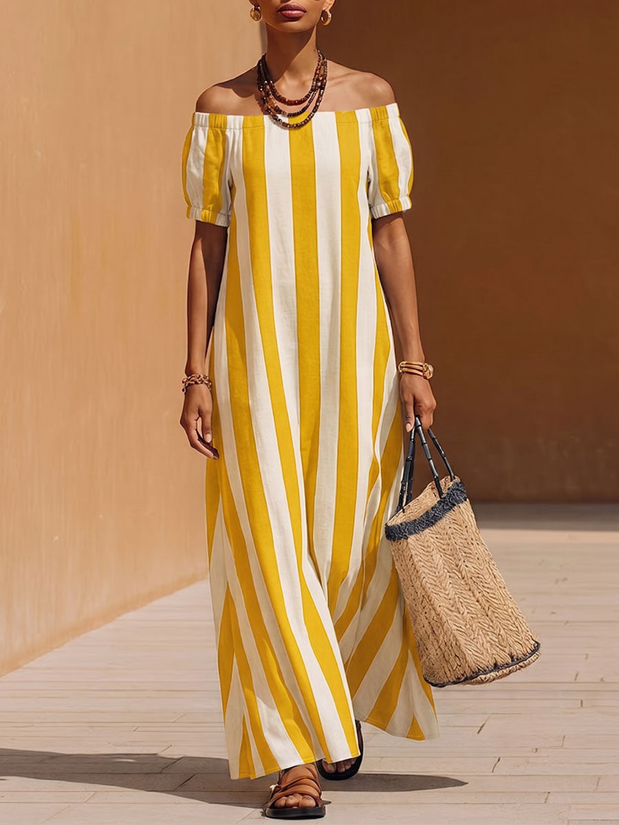 Women's Striped Print Off-shoulder Short-sleeve Casual Loose Cotton-linen Dress
