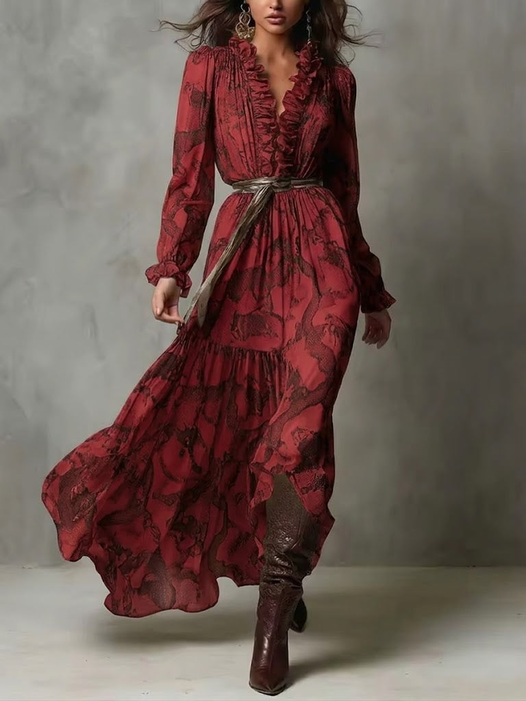 Stylish Snake-print Ruffle-collar Dress