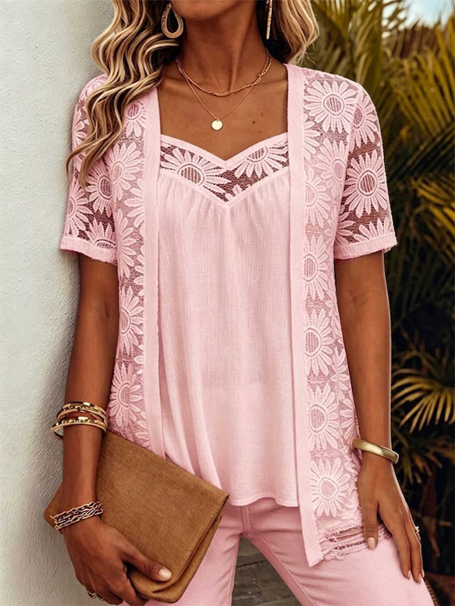 Faux-layered Top Featuring Patterned Lace, Mesh, And Cut-out Detailing.