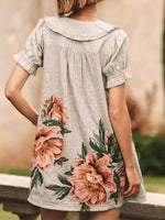 Women's Retro Floral Art Casual Short Sleeve Cotton Linen Short Dress